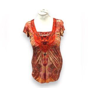 One World Women’s Short Sleeve V Neck Lace and Sequin Embellish Top, size M
